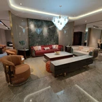 Red & Light Gray Leather Sofa Set with Marble Inlay Craftsmanship, Gold Stainless Steel Trim & Pleated Accent Chairs